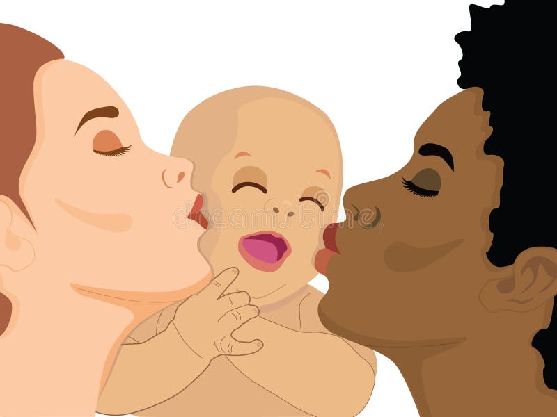 Illustration of a Caucasian and African women kissing a happy baby. Biracial gay family concept. Illustration of a Caucasian and African women kissing a happy baby. Biracial gay family concept