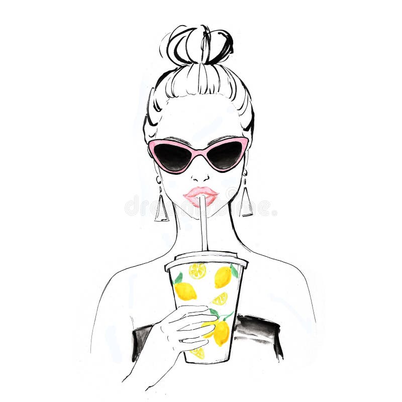 Donna che beve un'illustrazione del frappé del limone, occhiali da sole d'annata rosa d'uso dell'occhio di gatto Materiale illust illustrazione vettoriale Donna che beve un'illustrazione del frappé del limone, occhiali da sole d'annata rosa d'uso dell'occhio di gatto Materiale illust illustrazione vettoriale
