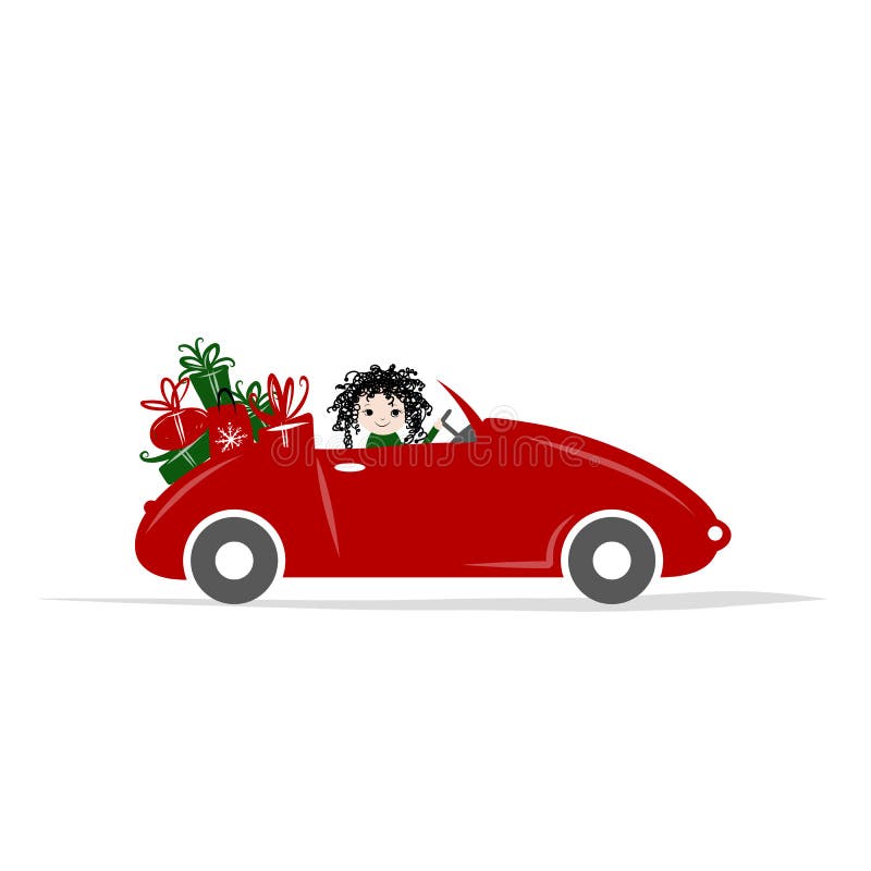 Donna che conduce automobile rossa per la vostra progettazione illustrazione di stock