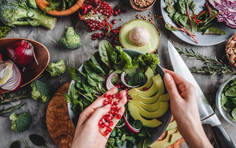 Woman cooking healthy fresh salad with avocado, greens, arugula, spinach in plate over grey background. Healthy vegan food, clean eating, dieting, top view. Woman cooking healthy fresh salad with avocado, greens, arugula, spinach in plate over grey background. Healthy vegan food, clean eating, dieting, top view