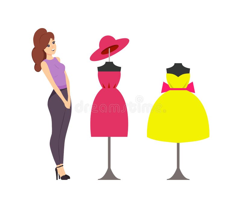 Donna che esamina vetrina con il vettore dei manichini illustrazione di stock Donna che esamina vetrina con il vettore dei manichini illustrazione di stock