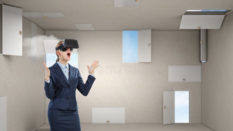 Donna che indossa occhiali di realtà virtuale. media misti illustrazione di stock