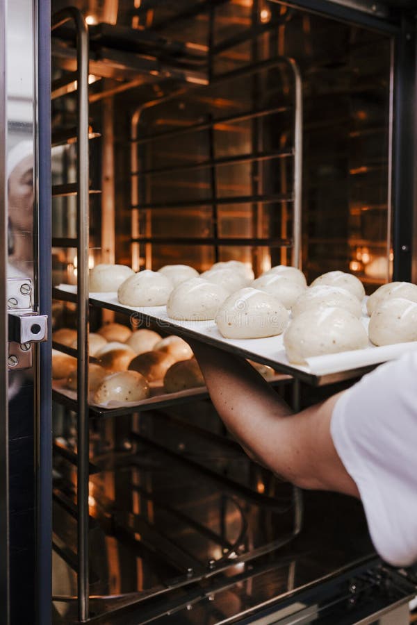 Donna che introduce cottura del pane in forno Forno di produzione al forno Pane bollente Fabbricazione di pane fotografia stock Donna che introduce cottura del pane in forno Forno di produzione al forno Pane bollente Fabbricazione di pane fotografia stock
