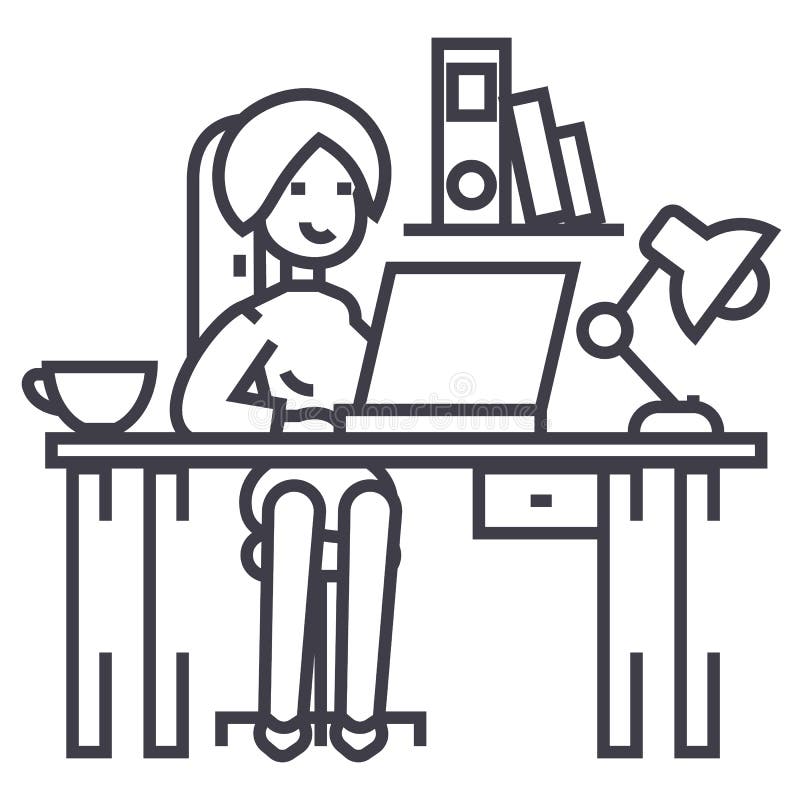 Donna che lavora alla tavola dell'ufficio, interno dell'ufficio, linea icona, segno, illustrazione di vettore delle free lance su illustrazione vettoriale Donna che lavora alla tavola dell'ufficio, interno dell'ufficio, linea icona, segno, illustrazione di vettore delle free lance su illustrazione vettoriale