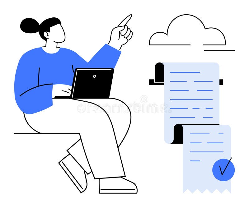 Donna che lavora sul computer portatile con checklist e cloud symbol. Una persona con un laptop punta verso l'alto accanto a una nuvola e una lista di controllo con segno di spunta. ideale per la gestione di task di tecnologie cloud computing per l'organizzazione della produttività. vettore minimalista semplice