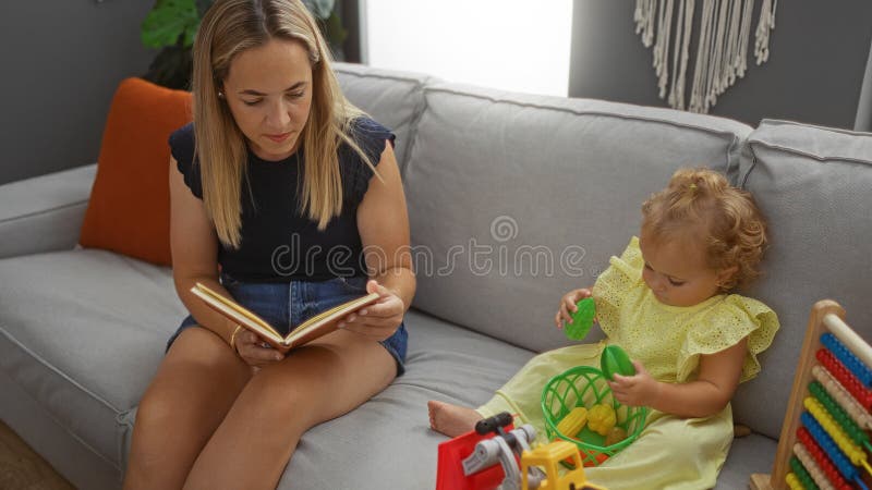 Donna che legge un libro mentre un bambino gioca con dei giocattoli su un divano in un salotto accogliente al chiuso fotografia stock