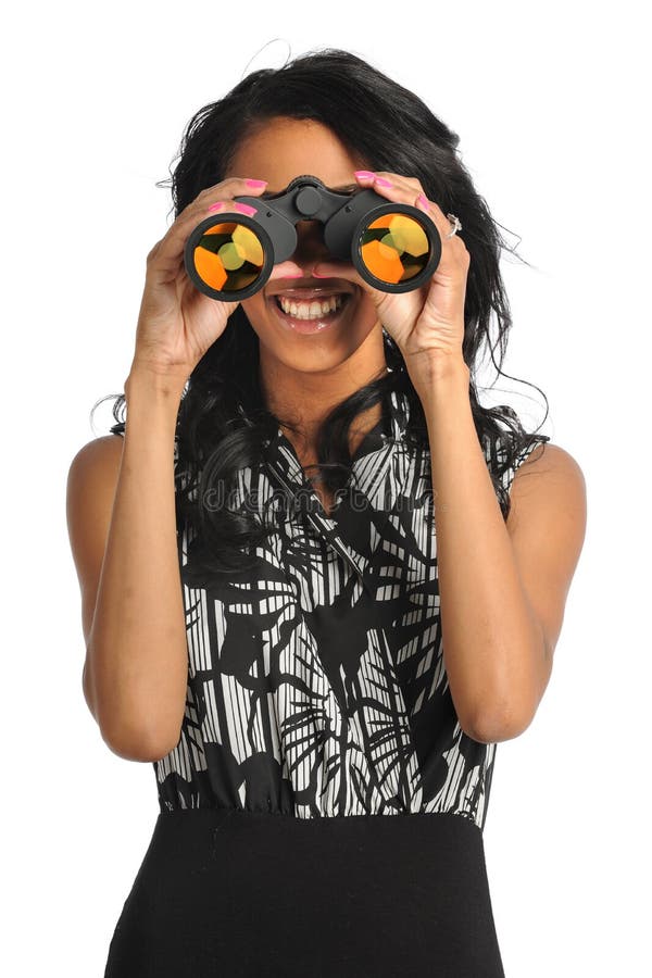 Donna che per mezzo del binocolo fotografie stock libere da diritti Donna che per mezzo del binocolo fotografie stock libere da diritti