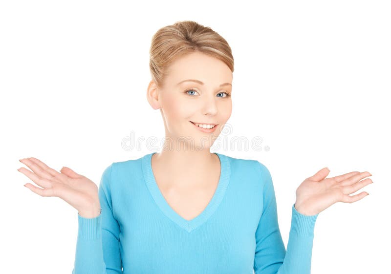 Donna che scrolla le spalle o che dubita immagini stock Donna che scrolla le spalle o che dubita immagini stock