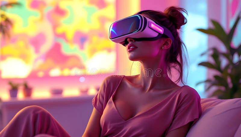Donna che sperimenta vibrazioni vr immersive in una stanza vibrante illustrazione vettoriale