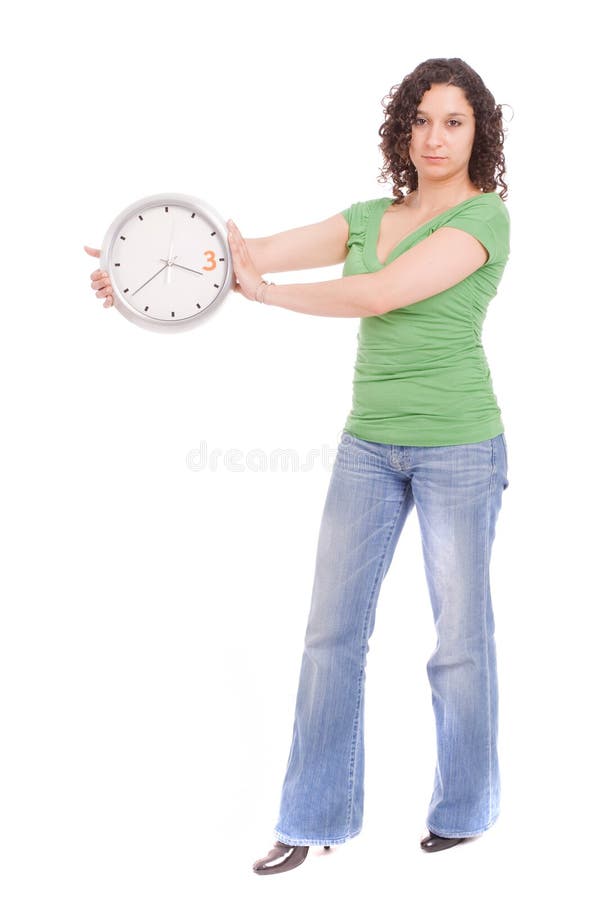 Donna che tiene un orologio fotografia stock Donna che tiene un orologio fotografia stock