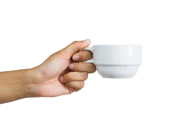 Donna che tiene una tazza di caffè, isolata su bianco immagine stock Donna che tiene una tazza di caffè, isolata su bianco immagine stock