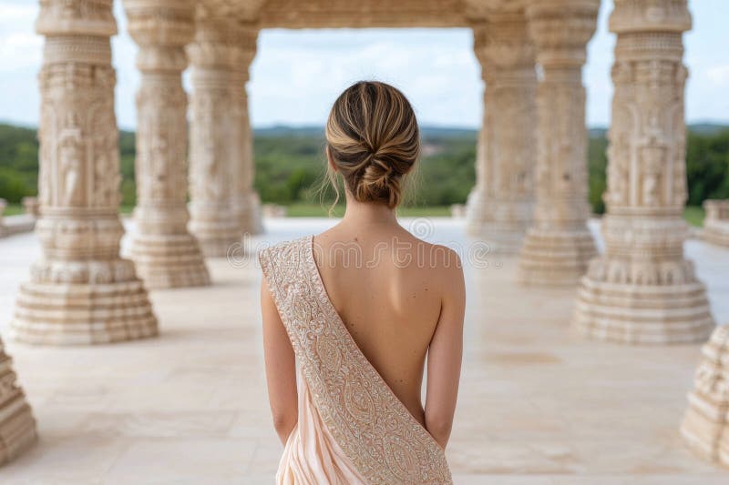 Donna con elegante tempio di retrovisione sarea avvolto illustrazione di stock