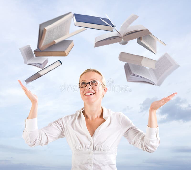 Woman with flying books on sky background. Woman with flying books on sky background