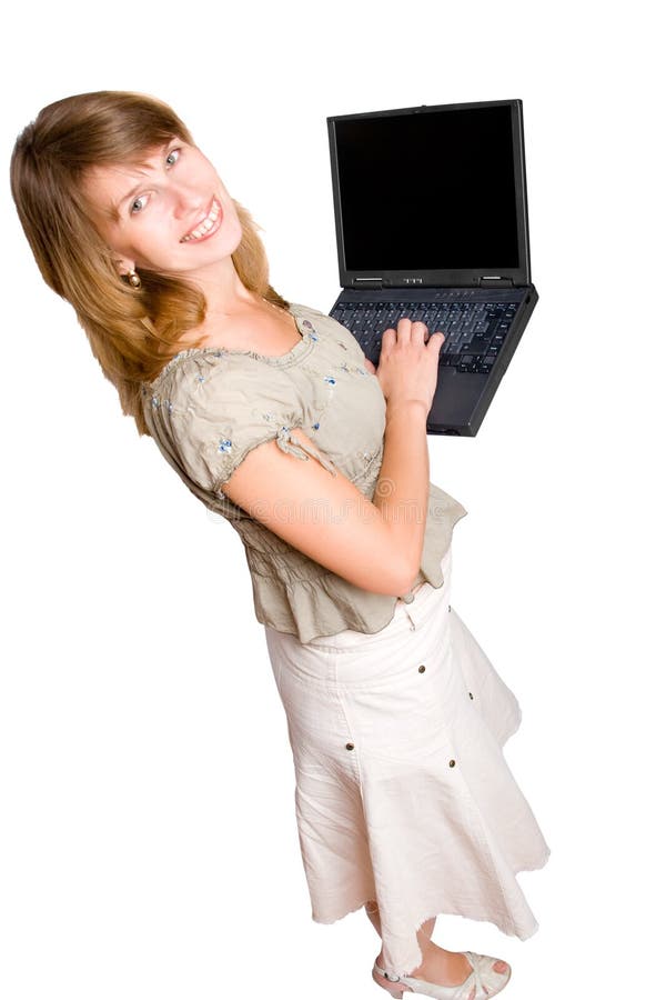 Donna con il computer portatile sopra bianco, dalla vista di angolo superiore fotografia stock