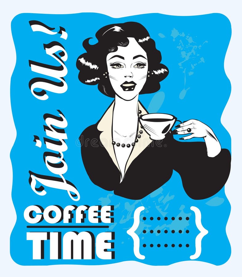Donna con il retro del manifesto del tè o della tazza di caffè disegno illustrazione di stock Donna con il retro del manifesto del tè o della tazza di caffè disegno illustrazione di stock
