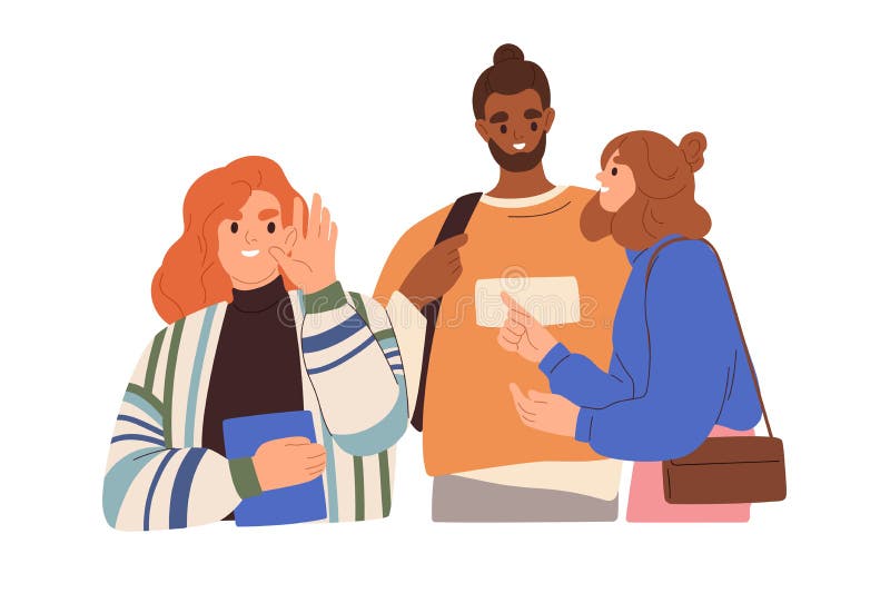 Donna curiosa che ascolta a mano il diologo delle persone. dialogo segreto di intercettazione royalty illustrazione gratis