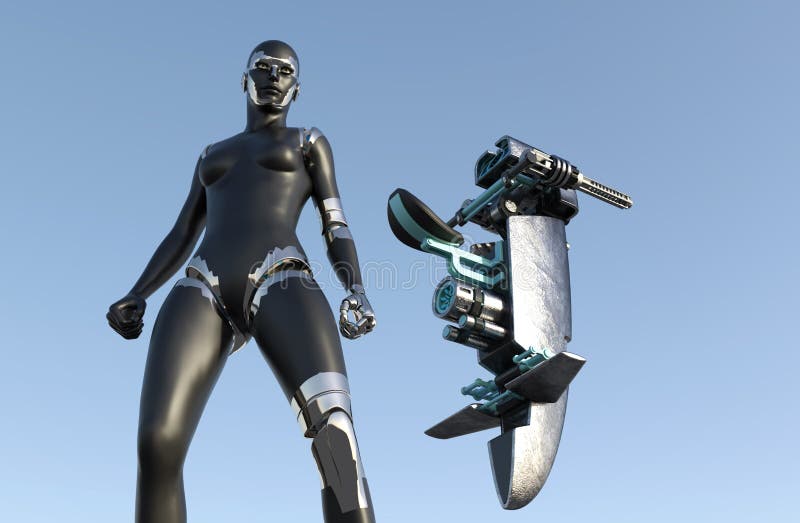 Donna del cyborg - umanoide con il veicolo di fantascienza illustrazione di stock Donna del cyborg - umanoide con il veicolo di fantascienza illustrazione di stock