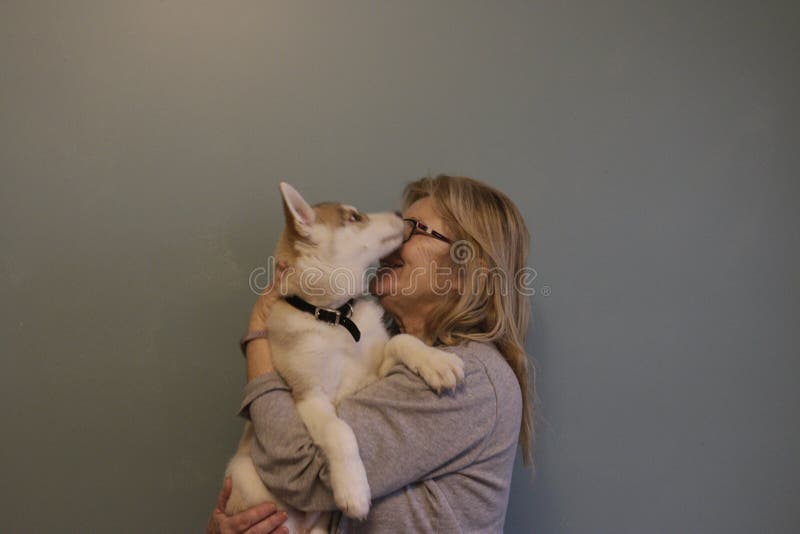 Donna dell'amante dei cani divertendosi con il suo cucciolo del husky immagine stock libera da diritti Donna dell'amante dei cani divertendosi con il suo cucciolo del husky immagine stock libera da diritti