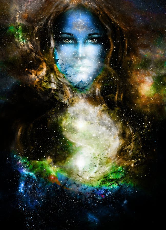 Donna della dea e simbolo Yin Yang nello spazio cosmico