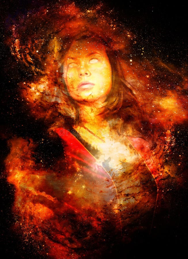 Donna della dea nello spazio cosmico Fondo cosmico dello spazio Contatto oculare Effetto di fuoco