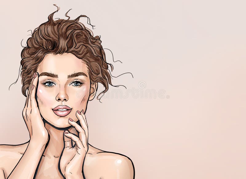 Donna della stazione termale di bellezza con il ritratto perfetto della pelle Bella ragazza castana con le mani vicino al fronte illustrazione di stock Donna della stazione termale di bellezza con il ritratto perfetto della pelle Bella ragazza castana con le mani vicino al fronte illustrazione di stock