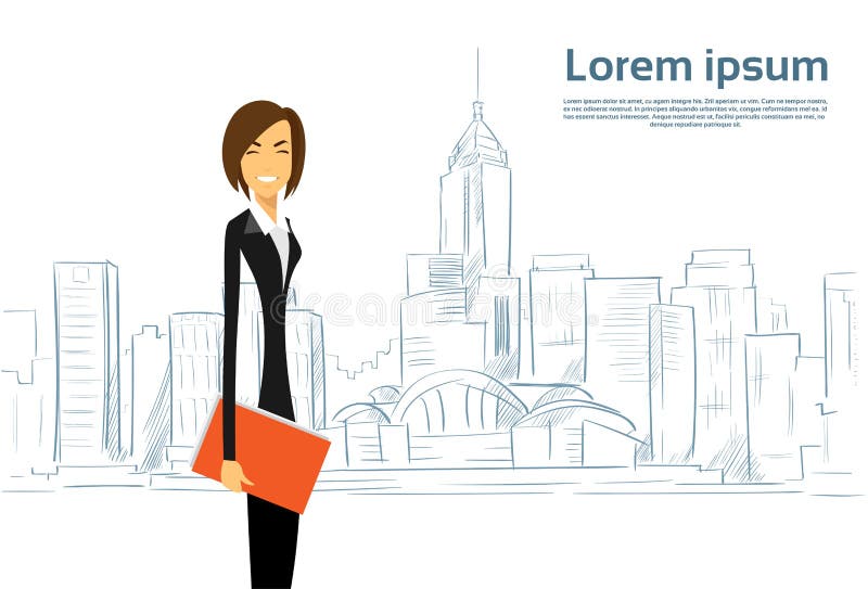 Donna di affari Cartoon sopra il grattacielo della città di schizzo illustrazione di stock Donna di affari Cartoon sopra il grattacielo della città di schizzo illustrazione di stock