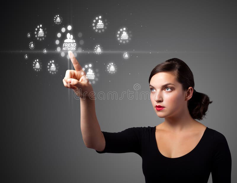 Donna di affari che preme tipo sociale moderno di icone immagini stock libere da diritti Donna di affari che preme tipo sociale moderno di icone immagini stock libere da diritti