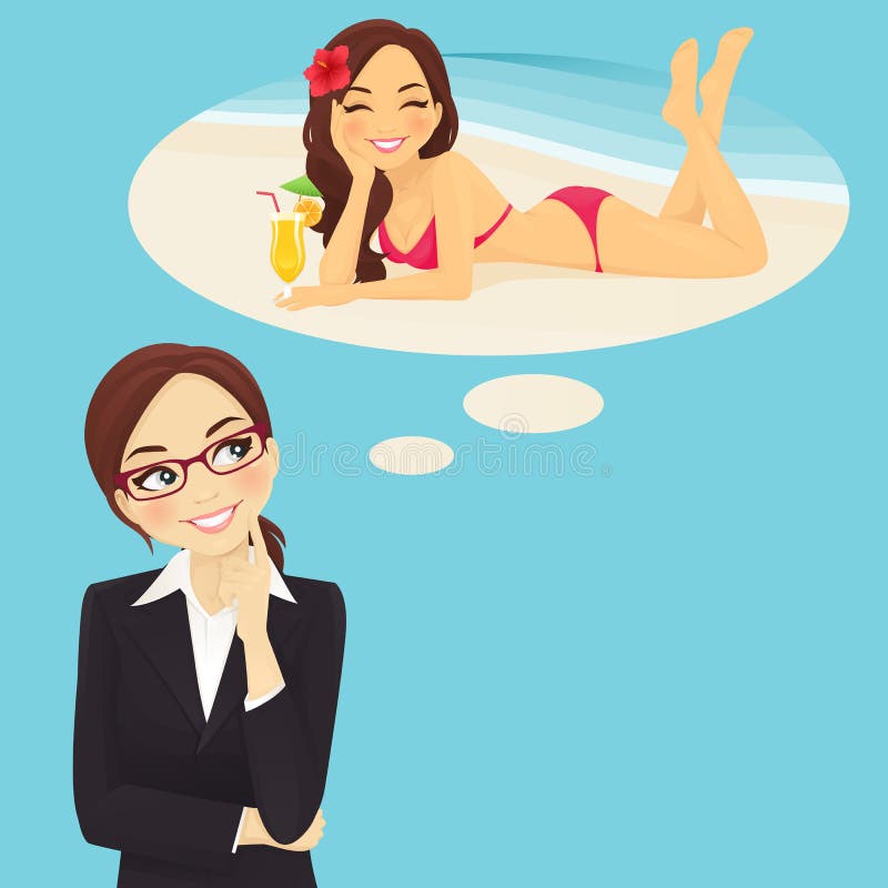 Beautiful business woman in glasses dreaming about vacation at beach with thought bubbles. Beautiful business woman in glasses dreaming about vacation at beach with thought bubbles