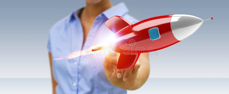 Donna di affari che tiene e che tocca una rappresentazione del razzo 3D illustrazione vettoriale Donna di affari che tiene e che tocca una rappresentazione del razzo 3D illustrazione vettoriale