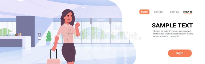 Donna di affari con la condizione moderna della ragazza della valigia della tenuta della donna di affari di area reception dei ba illustrazione vettoriale Donna di affari con la condizione moderna della ragazza della valigia della tenuta della donna di affari di area reception dei ba illustrazione vettoriale