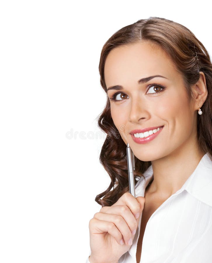 Donna di affari di pensiero, su bianco fotografia stock Donna di affari di pensiero, su bianco fotografia stock