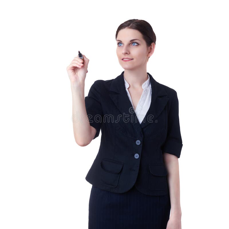 Donna di affari sorridente che controlla fondo isolato bianco fotografie stock Donna di affari sorridente che controlla fondo isolato bianco fotografie stock