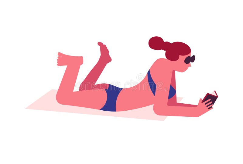 Donna di estate sulla spiaggia in costume da bagno e libro di lettura degli occhiali da sole illustrazione vettoriale Donna di estate sulla spiaggia in costume da bagno e libro di lettura degli occhiali da sole illustrazione vettoriale