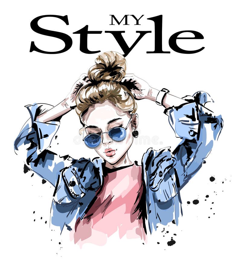 Donna di modo in rivestimento dei jeans Bella giovane donna alla moda in occhiali da sole illustrazione vettoriale Donna di modo in rivestimento dei jeans Bella giovane donna alla moda in occhiali da sole illustrazione vettoriale