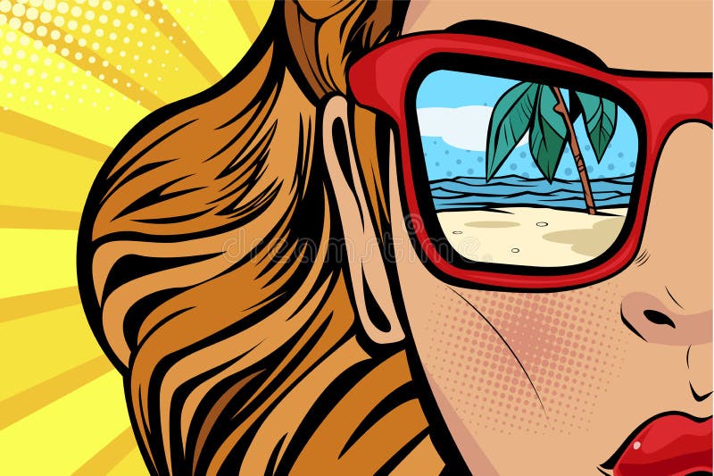 Donna di Pop art con la riflessione del mare e della spiaggia di estate Fronte comico della ragazza per i negozi di viaggio illustrazione vettoriale Donna di Pop art con la riflessione del mare e della spiaggia di estate Fronte comico della ragazza per i negozi di viaggio illustrazione vettoriale