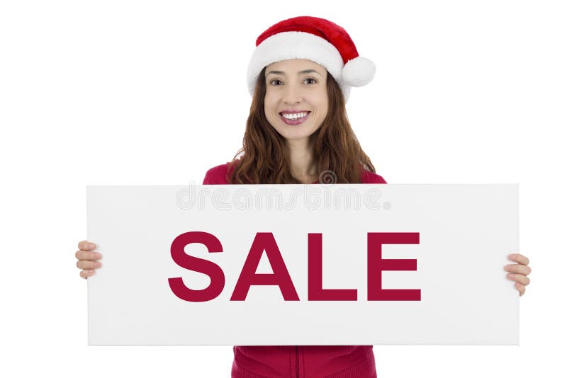 Donna di Santa di Natale che mostra il bordo di vendita fotografie stock Donna di Santa di Natale che mostra il bordo di vendita fotografie stock