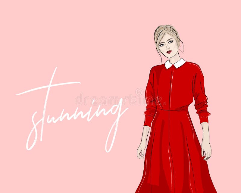 Donna disegnata a mano nell'illustrazione rossa di modo del vestito dal collare Schizzo moderno di acquisto Stampa di sguardo del royalty illustrazione gratis Donna disegnata a mano nell'illustrazione rossa di modo del vestito dal collare Schizzo moderno di acquisto Stampa di sguardo del royalty illustrazione gratis