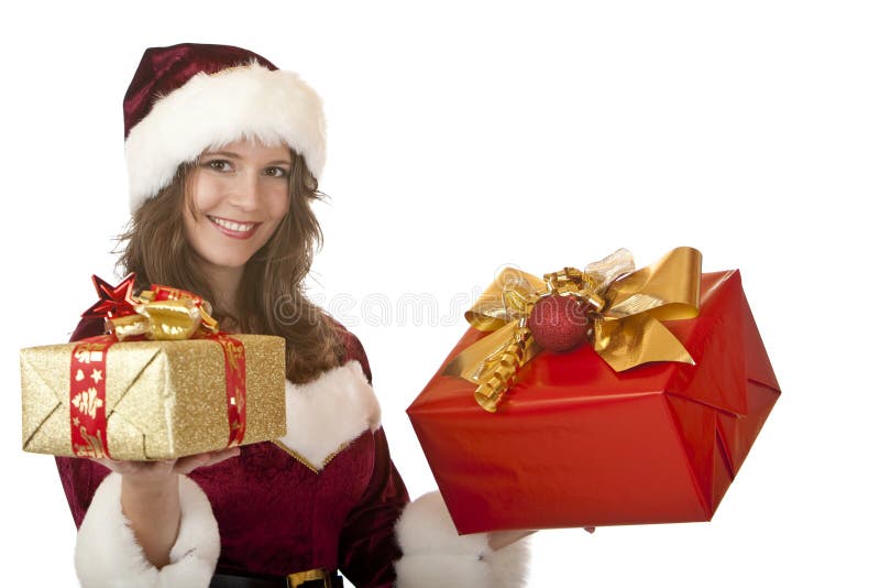 Stock Regali Di Natale.Donna Felice Del Babbo Natale Con I Regali Di Natale Fotografia Stock Immagine Di Mano Cappello 12117566