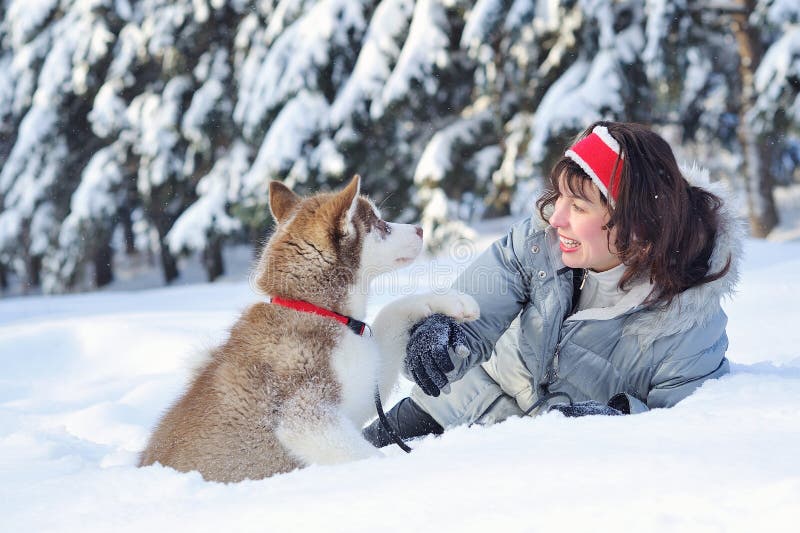 Donna felice ed il suo cucciolo del husky fotografie stock Donna felice ed il suo cucciolo del husky fotografie stock