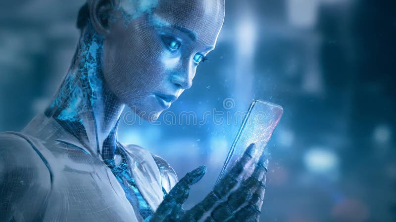 Donna futuristica androide con smartphone illuminato illustrazione vettoriale