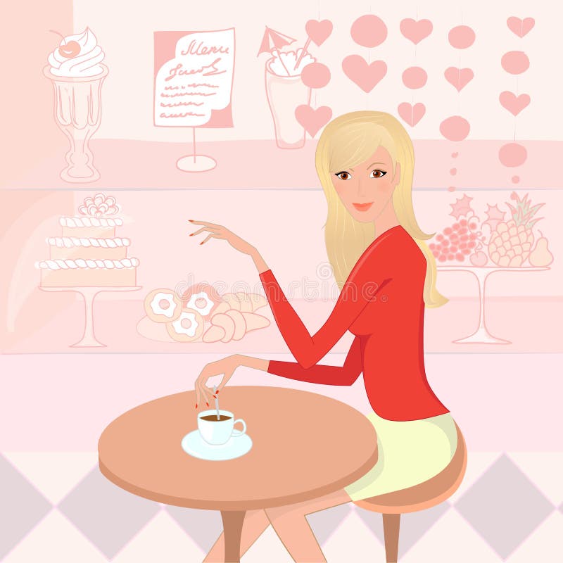 Donna graziosa con una tazza di caffè nel pasticceria-negozio illustrazione di stock Donna graziosa con una tazza di caffè nel pasticceria-negozio illustrazione di stock