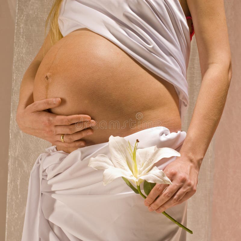 Pregnant woman holding a single large blossom for concept of purity. Pregnant woman holding a single large blossom for concept of purity.