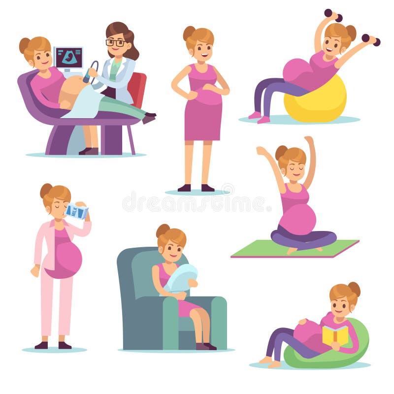 Donna incinta Seduta bevente di cibo femminile di dieta di gravidanza facendo gli esercizi, caratteri di vettore del fumetto illustrazione di stock Donna incinta Seduta bevente di cibo femminile di dieta di gravidanza facendo gli esercizi, caratteri di vettore del fumetto illustrazione di stock