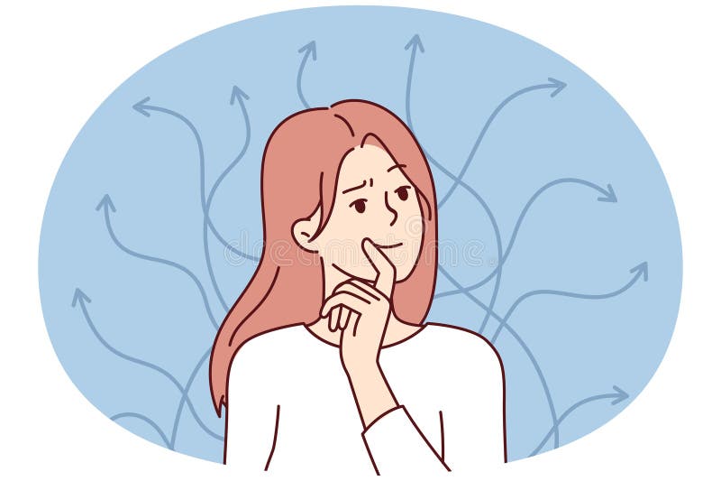 Donna intelligente tocca le labbra in piedi vicino a frecce che indicano in direzioni diverse. immagine vettoriale illustrazione di stock
