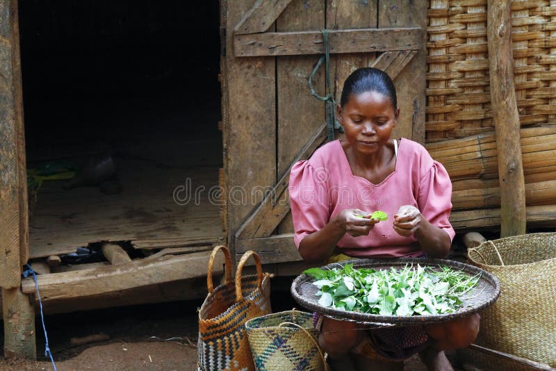 Donna malgascia povera che prepara alimento davanti alla cabina fotografie stock Donna malgascia povera che prepara alimento davanti alla cabina fotografie stock
