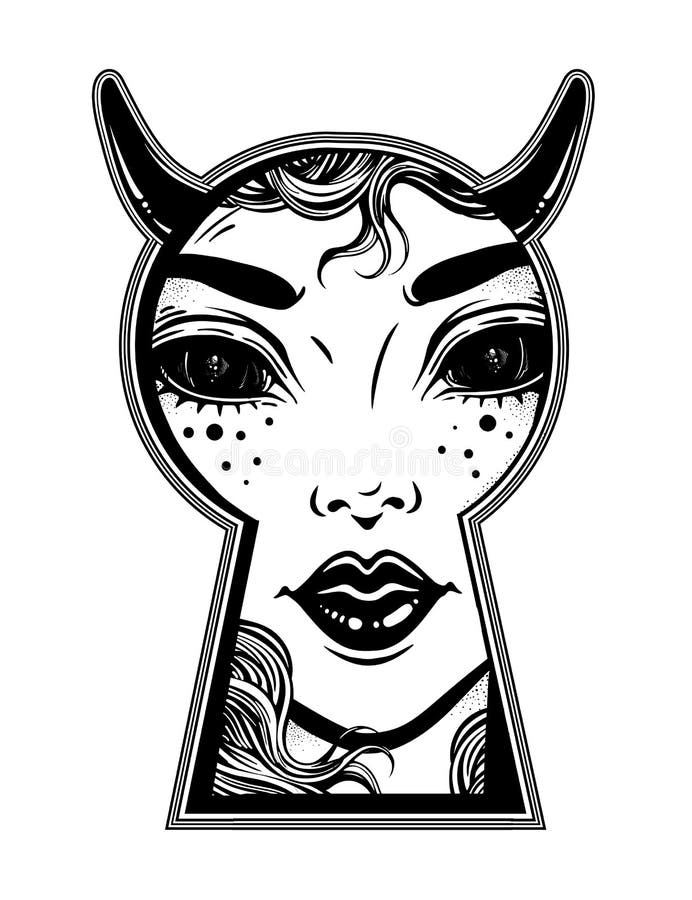 Donna occulta del diavolo che sbircia attraverso il buco della serratura Arte di mistero di stile di Boho illustrazione vettoriale Donna occulta del diavolo che sbircia attraverso il buco della serratura Arte di mistero di stile di Boho illustrazione vettoriale