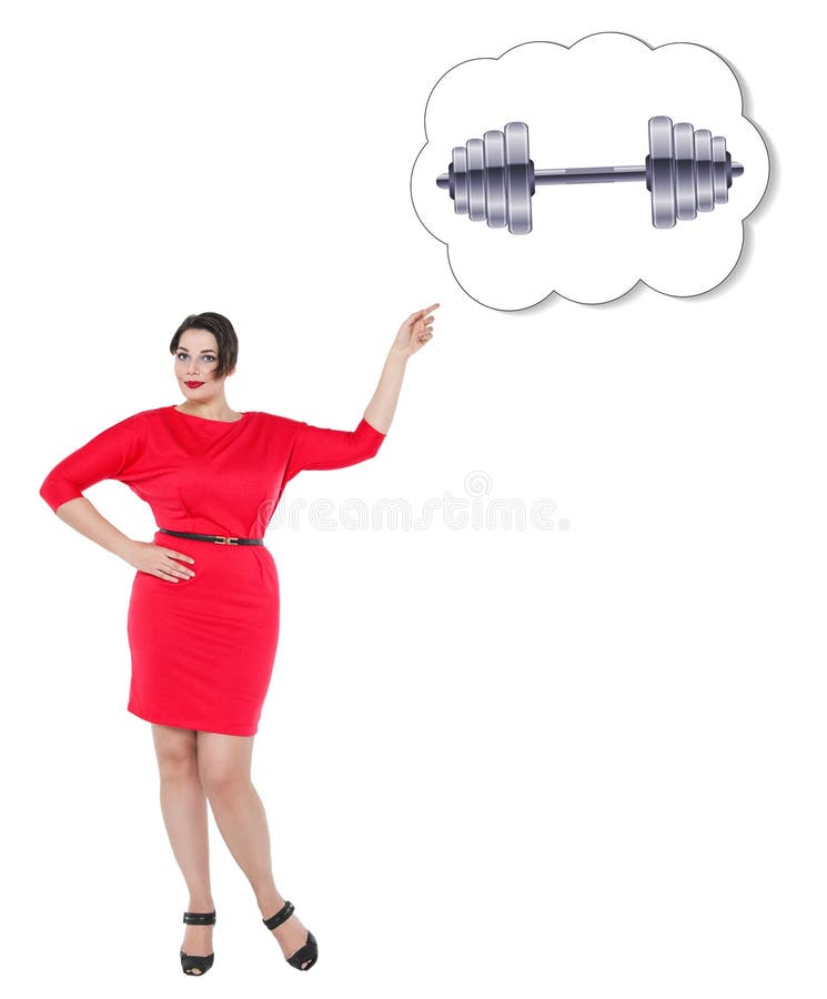 Donna più di dimensione che mostra sull'insegna con la testa di legno immagine stock Donna più di dimensione che mostra sull'insegna con la testa di legno immagine stock