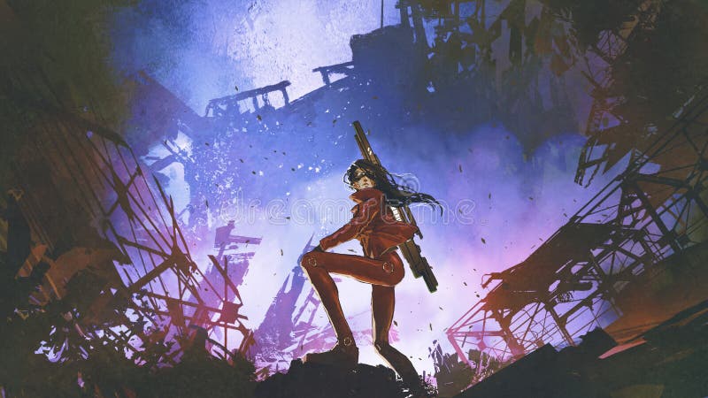 Donna soldato futurista nel mondo distopico royalty illustrazione gratis
