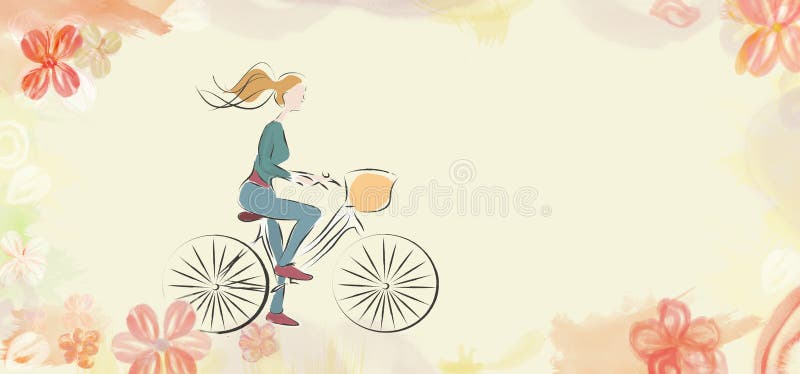 Donna su una bici sul fondo del fiore illustrazione vettoriale Donna su una bici sul fondo del fiore illustrazione vettoriale