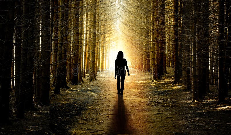 Donna sul sentiero della foresta dal buio alla luce